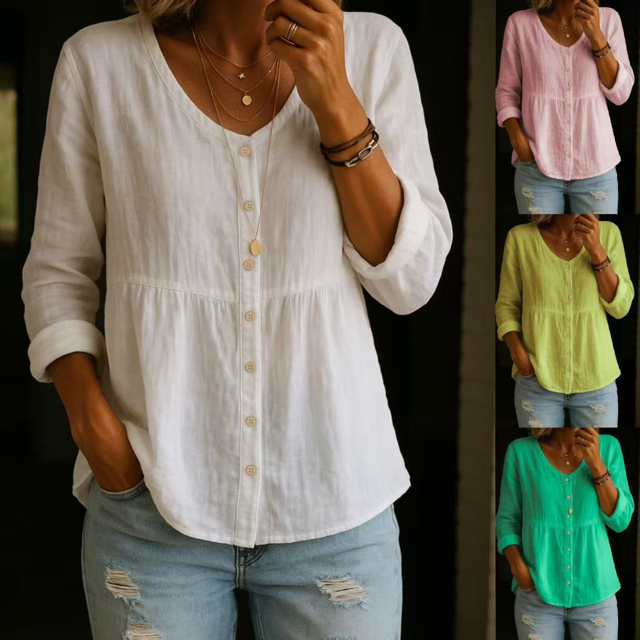 Women's casual loose cotton and linen long-sleeved V-neck button-down shirt