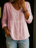Women's casual loose cotton and linen long-sleeved V-neck button-down shirt
