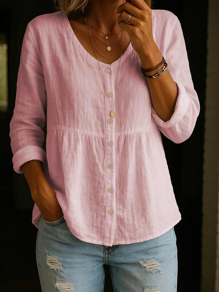 Women's casual loose cotton and linen long-sleeved V-neck button-down shirt