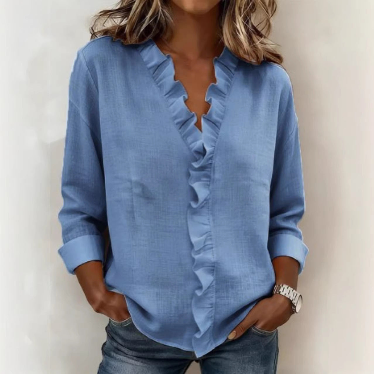 Long-sleeved cotton shirt with black fungus trim for women in spring
