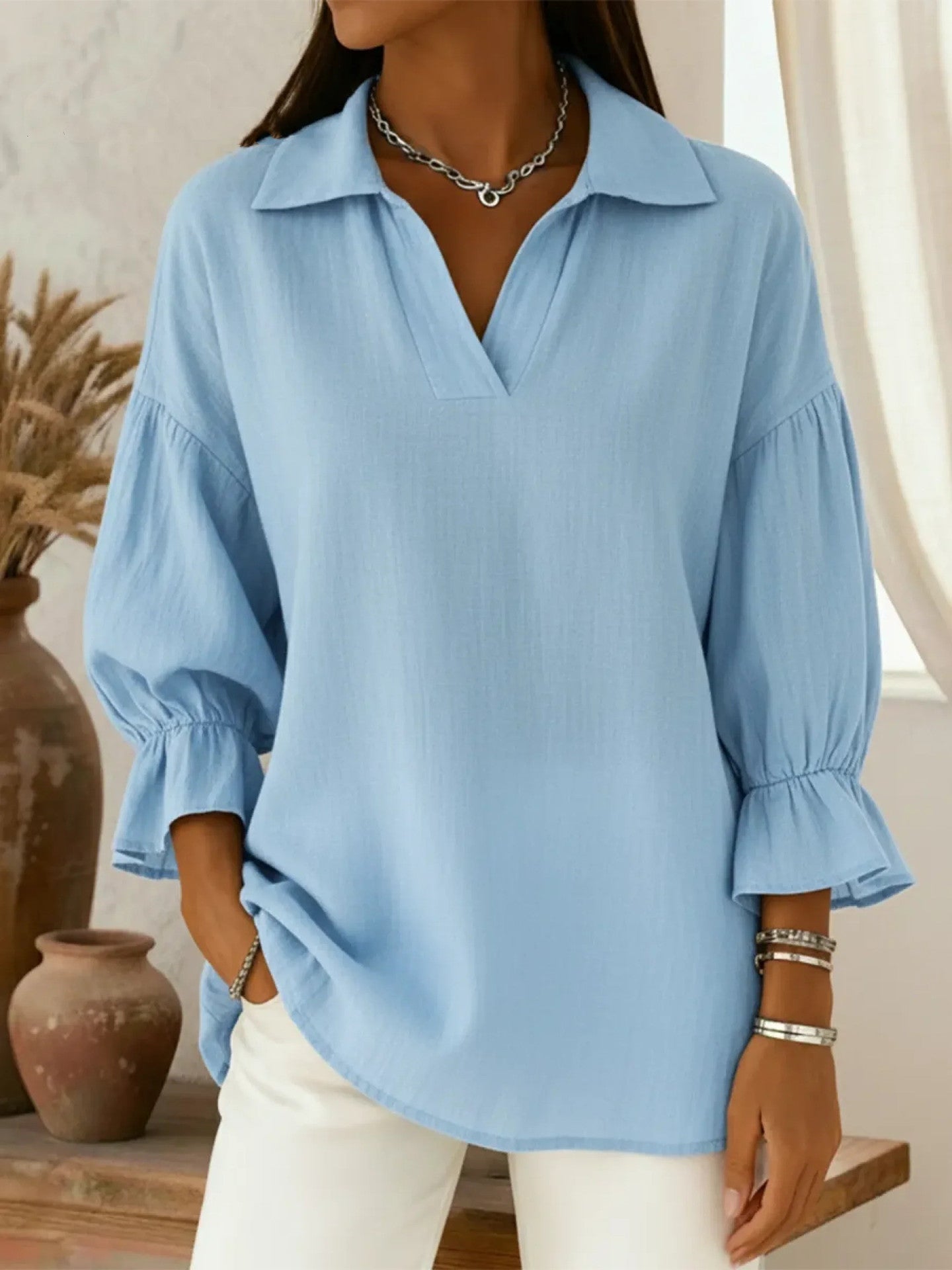 Women's spring and autumn solid-color casual loose lapel long-sleeved top
