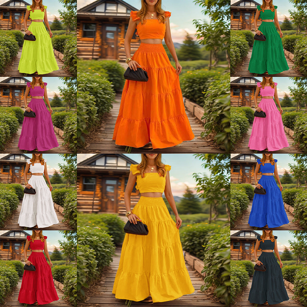 2026 Casual long skirt, halter top and waistcoat two-piece set for women