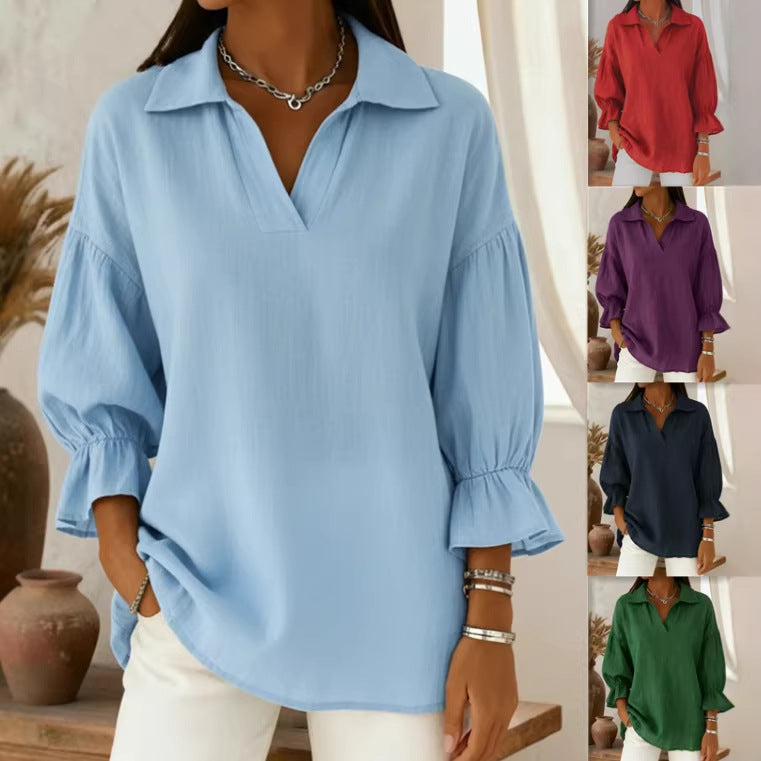 Women's spring and autumn solid-color casual loose lapel long-sleeved top