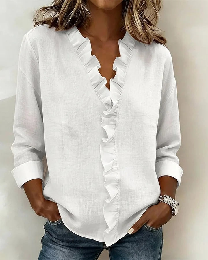 Long-sleeved cotton shirt with black fungus trim for women in spring