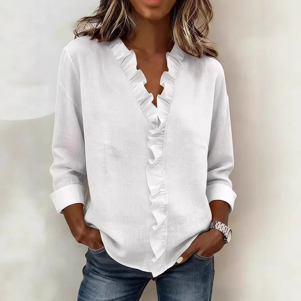 Long-sleeved cotton shirt with black fungus trim for women in spring