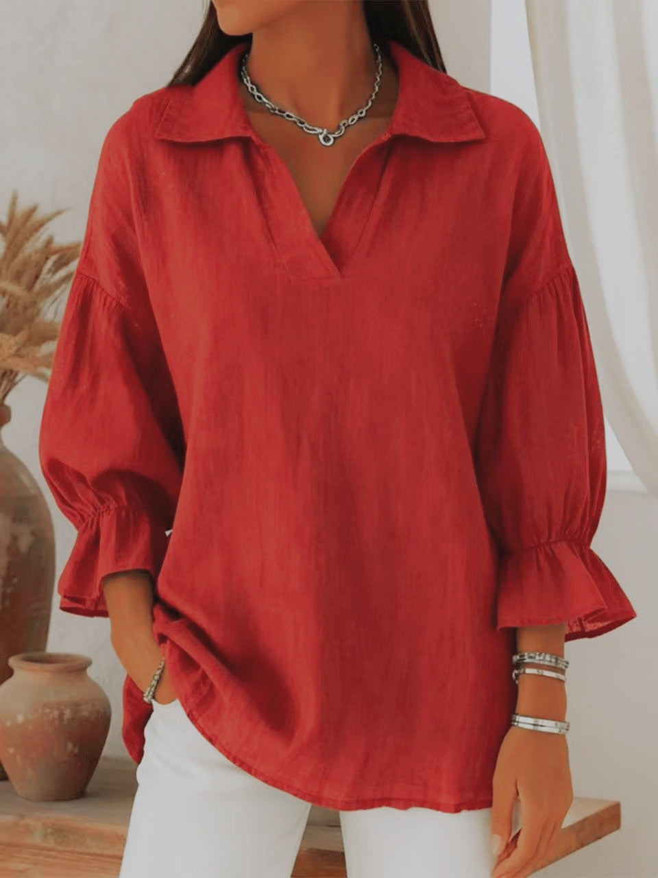 Women's spring and autumn solid-color casual loose lapel long-sleeved top