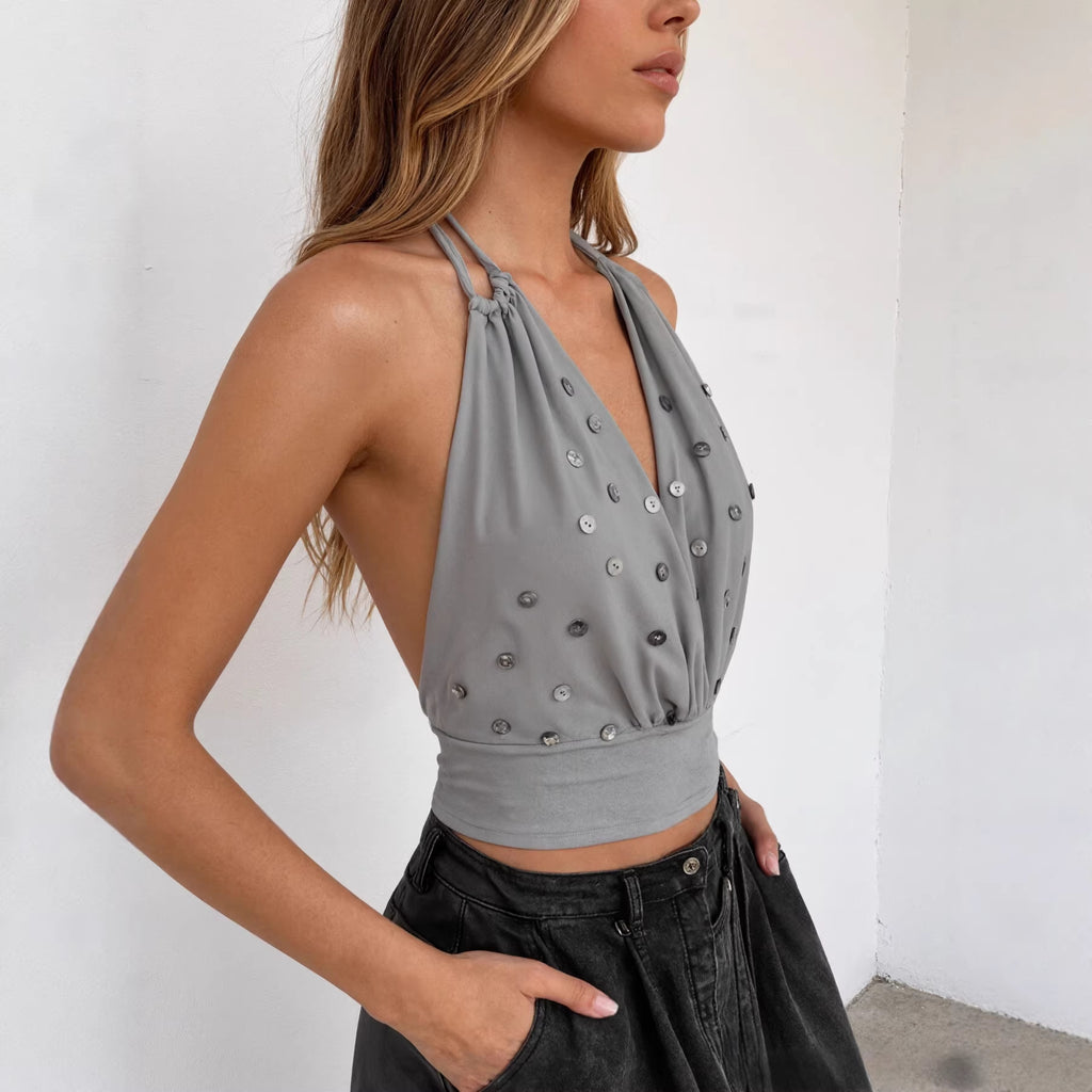 2026 Solid-color hot girl backless neck deep V-neck halter top