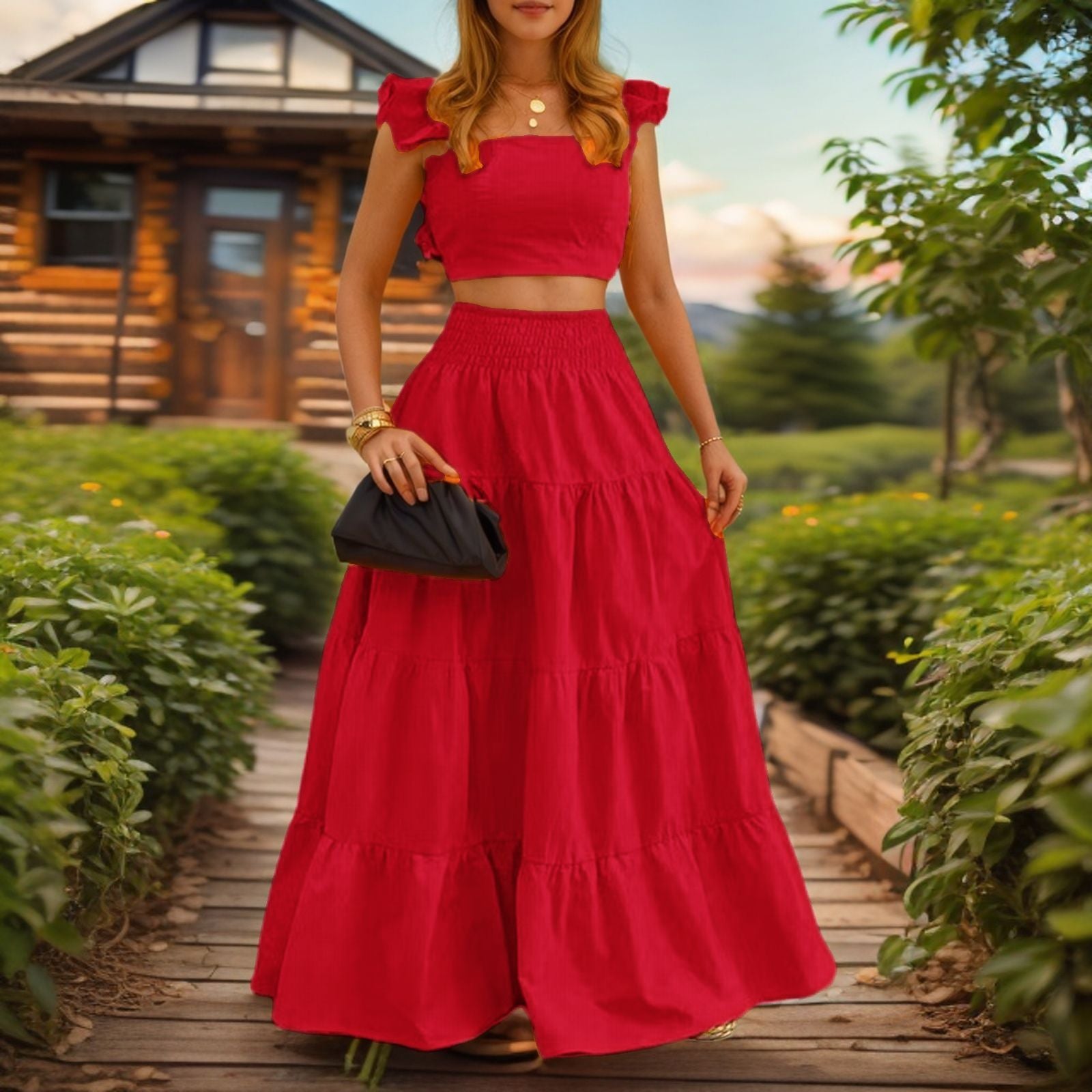 2026 Casual long skirt, halter top and waistcoat two-piece set for women