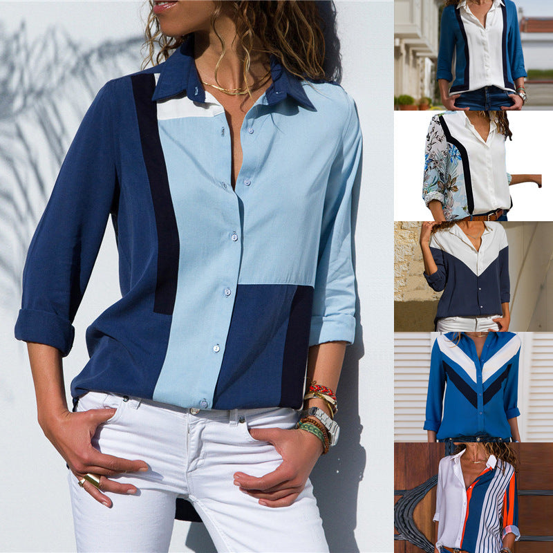 Casual long-sleeved solid-color patchwork chiffon shirt for women