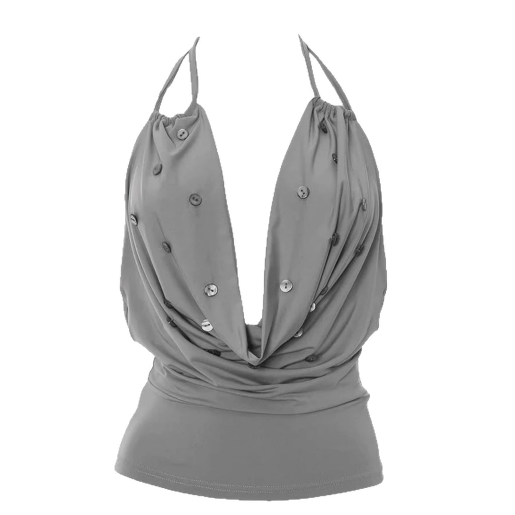 2026 Solid-color hot girl backless neck deep V-neck halter top
